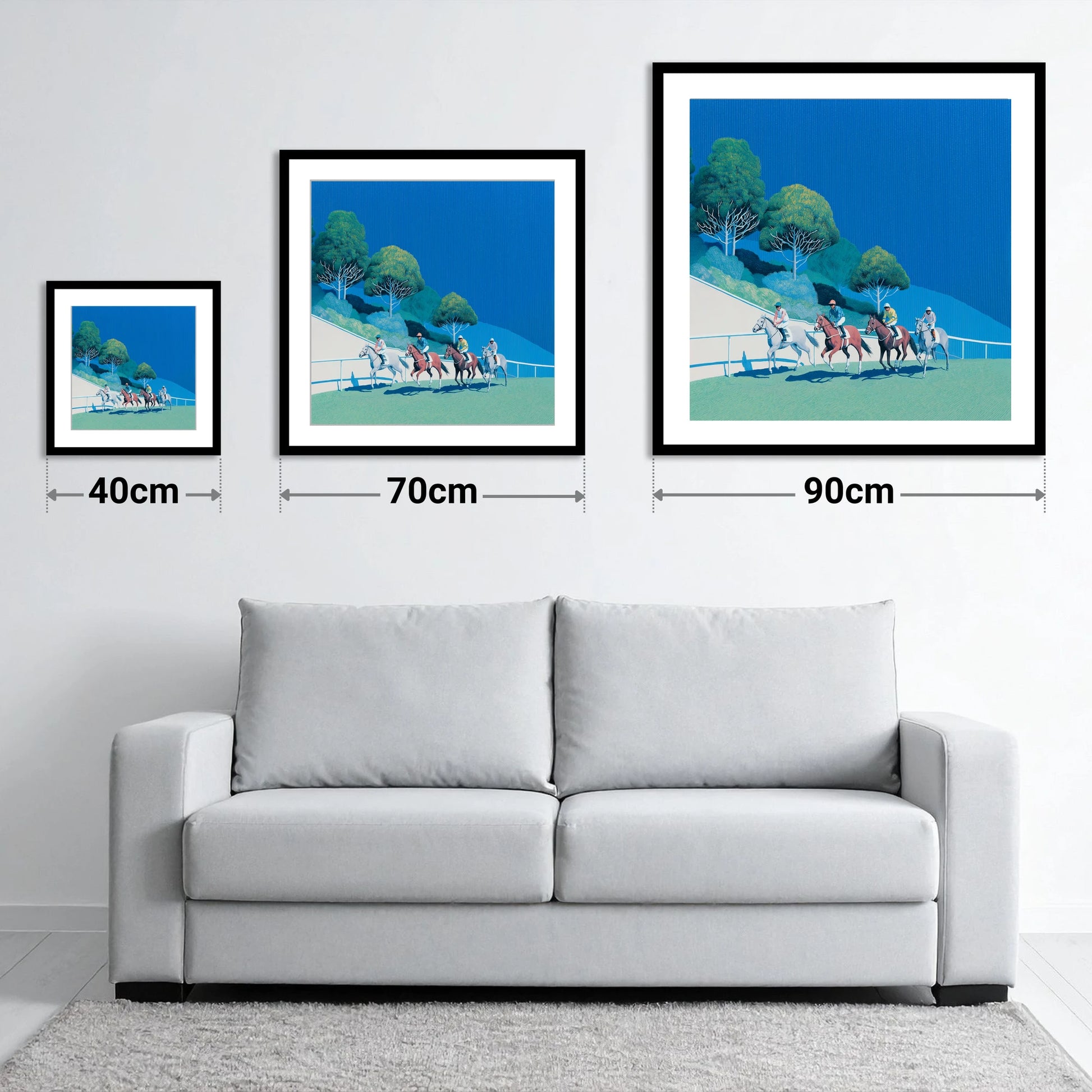The Cerulean Sprint - size guide showing 40cm, 70cm and 90cm art prints