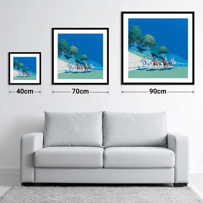 The Cerulean Sprint - size guide showing 40cm, 70cm and 90cm art prints