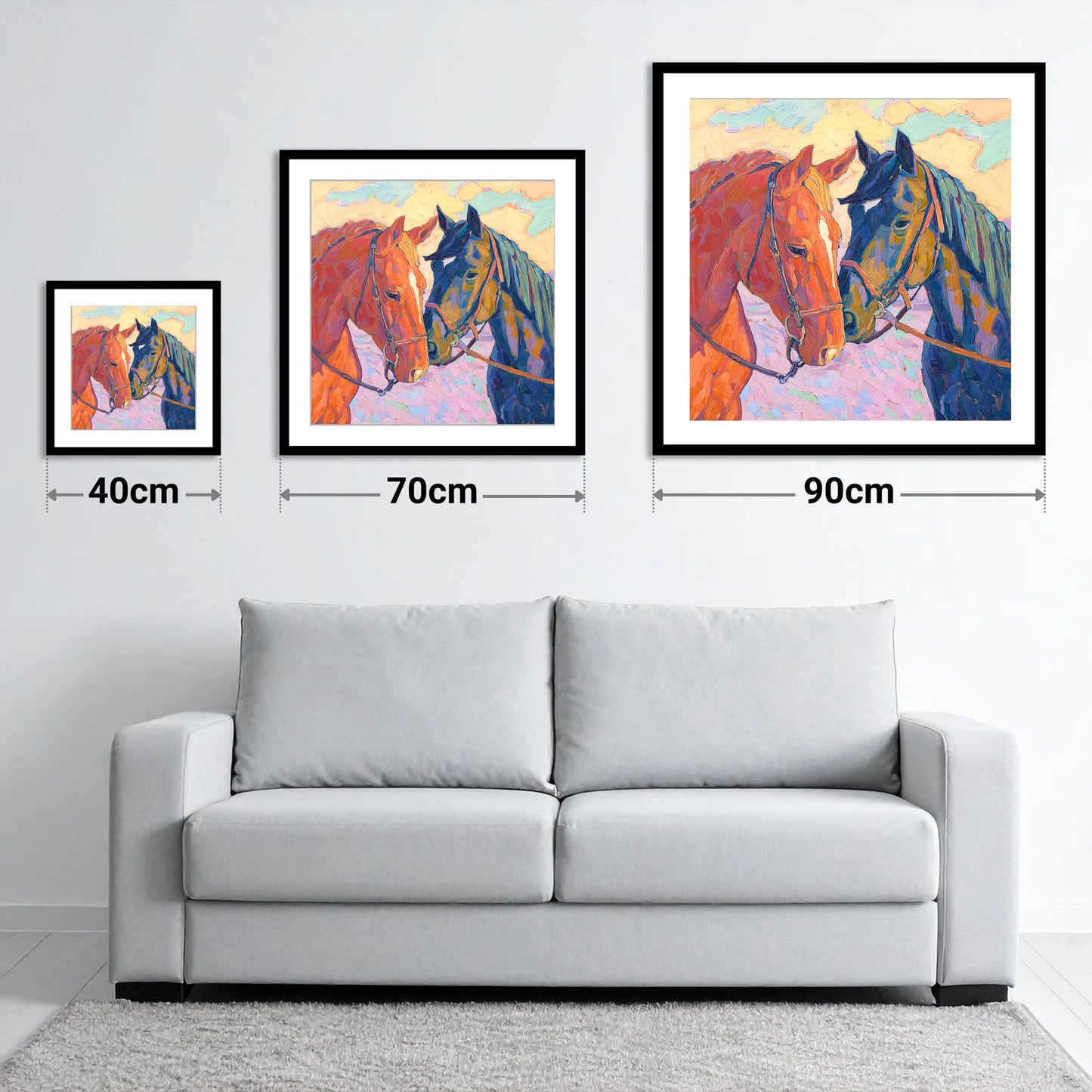 Vibrant Equine Bond - size guide showing 40cm, 70cm and 90cm art prints