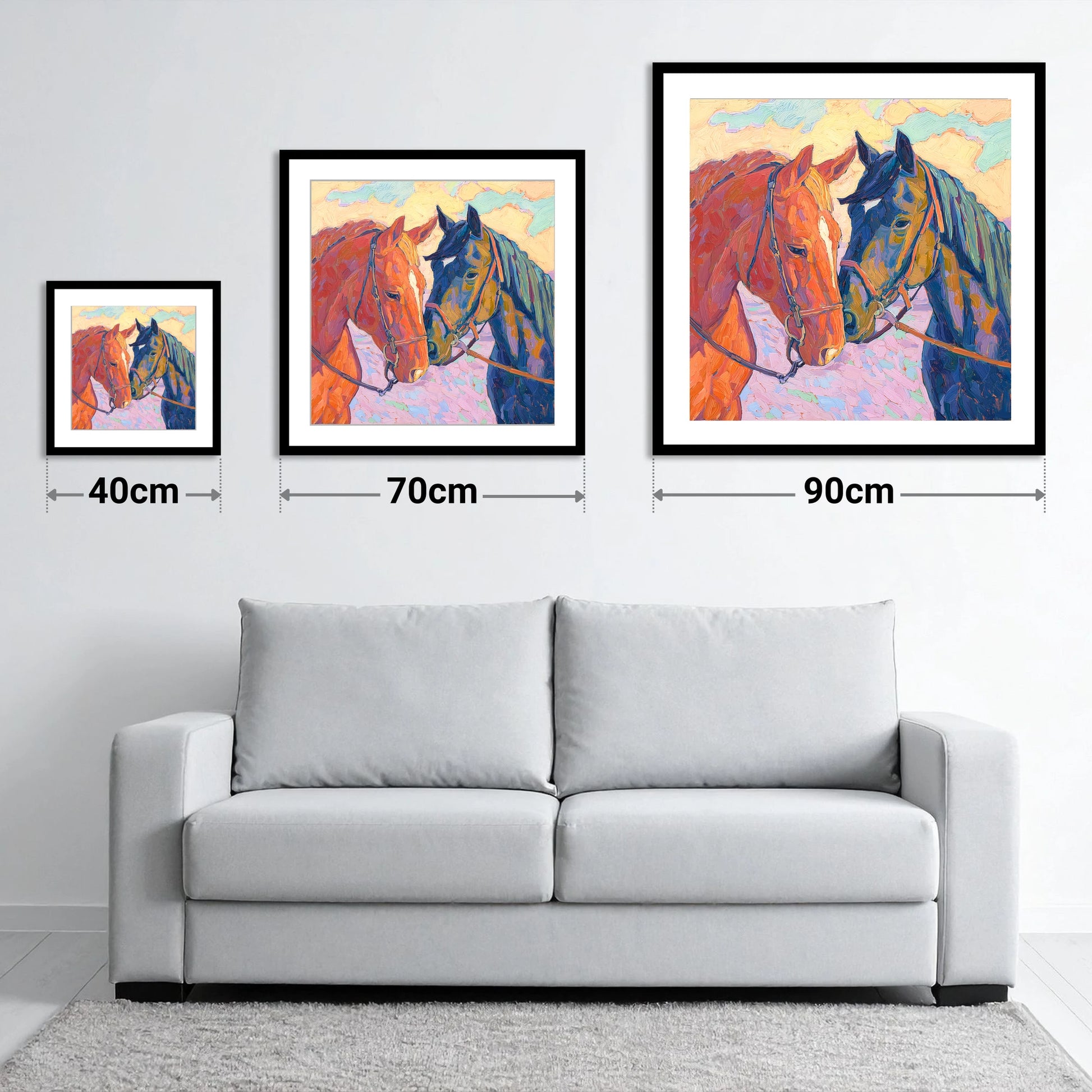Vibrant Equine Bond - size guide showing 40cm, 70cm and 90cm art prints