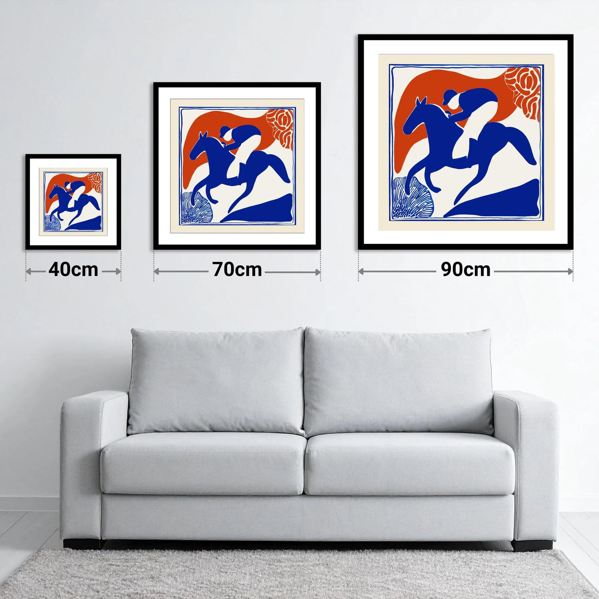 The Cobalt Furlong - size guide showing 40cm, 70cm and 90cm art prints