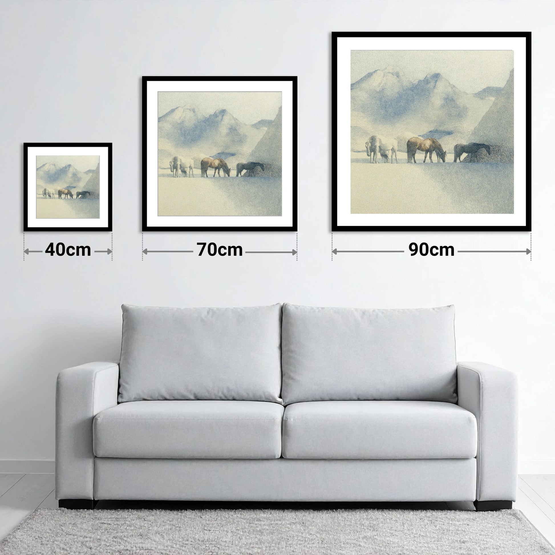 Tranquil Mountain Pasture - size guide showing 40cm, 70cm and 90cm art prints