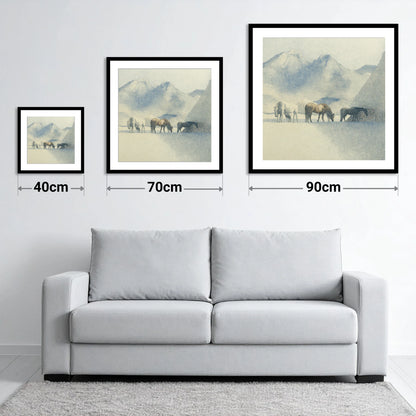Tranquil Mountain Pasture - size guide showing 40cm, 70cm and 90cm art prints