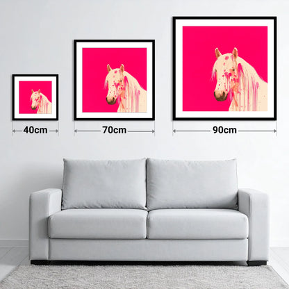 Modern Magenta Equine - size guide showing 40cm, 70cm and 90cm art prints