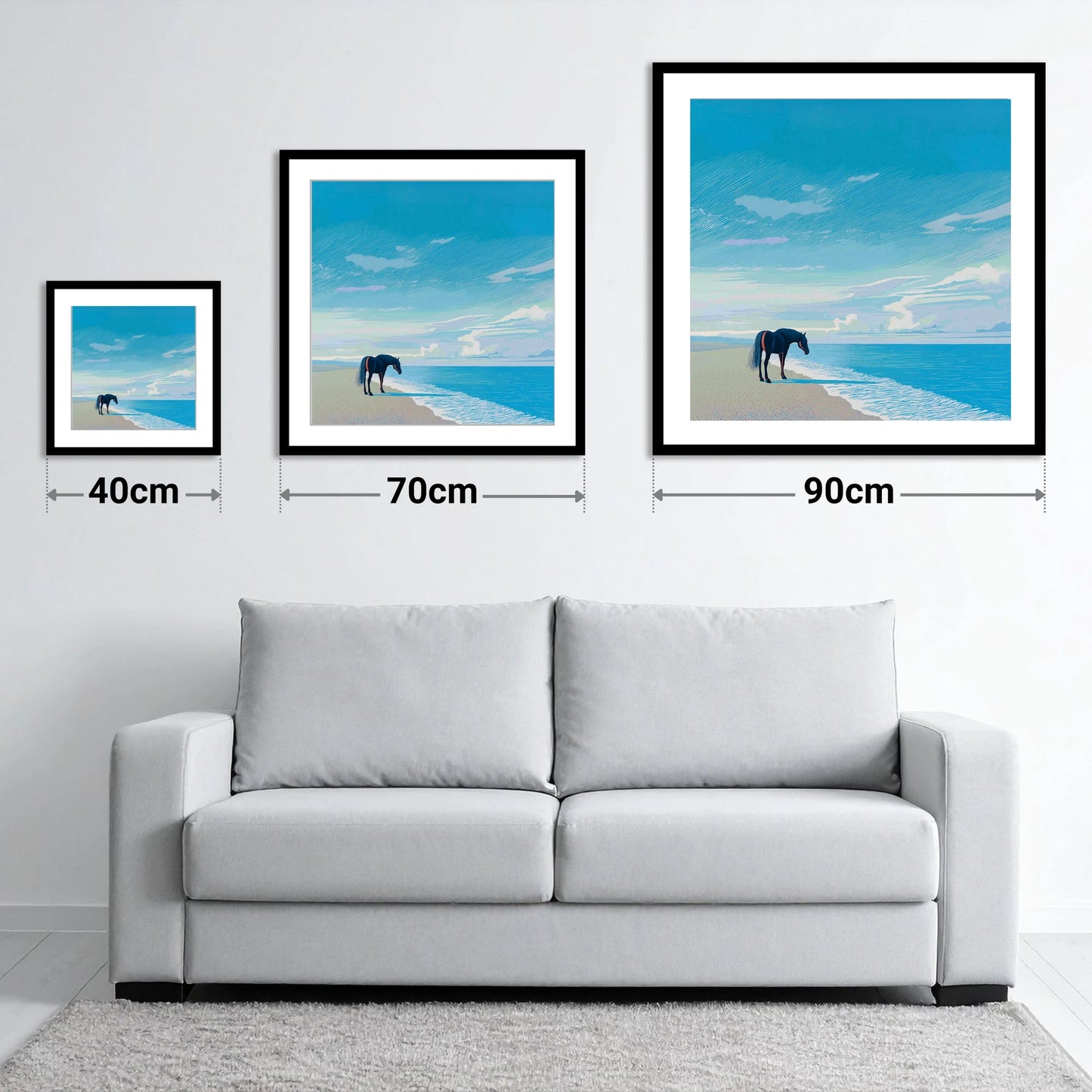 Solitude by the Sea - size guide showing 40cm, 70cm and 90cm art prints