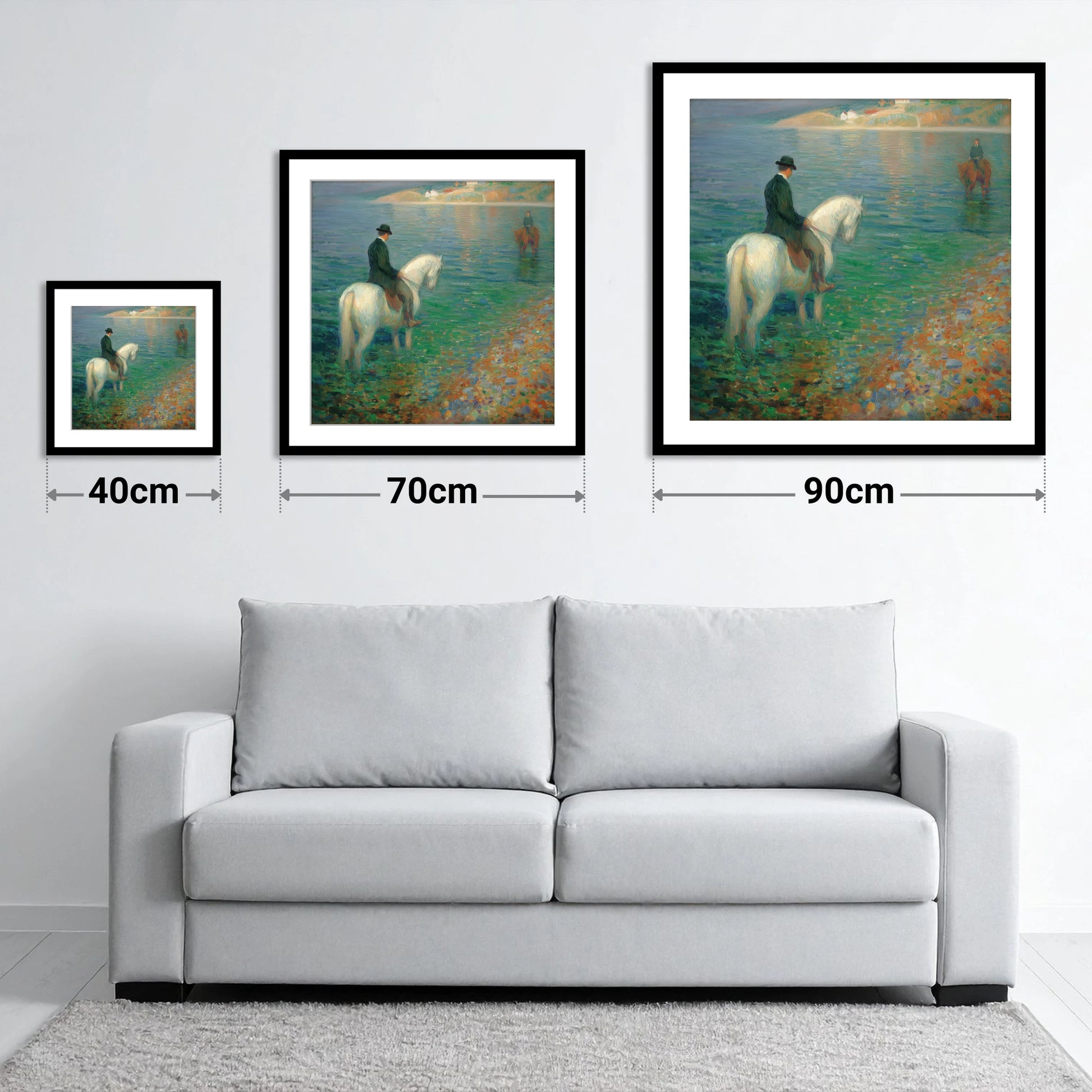 Emerald Shoreline Hack - size guide showing 40cm, 70cm and 90cm art prints
