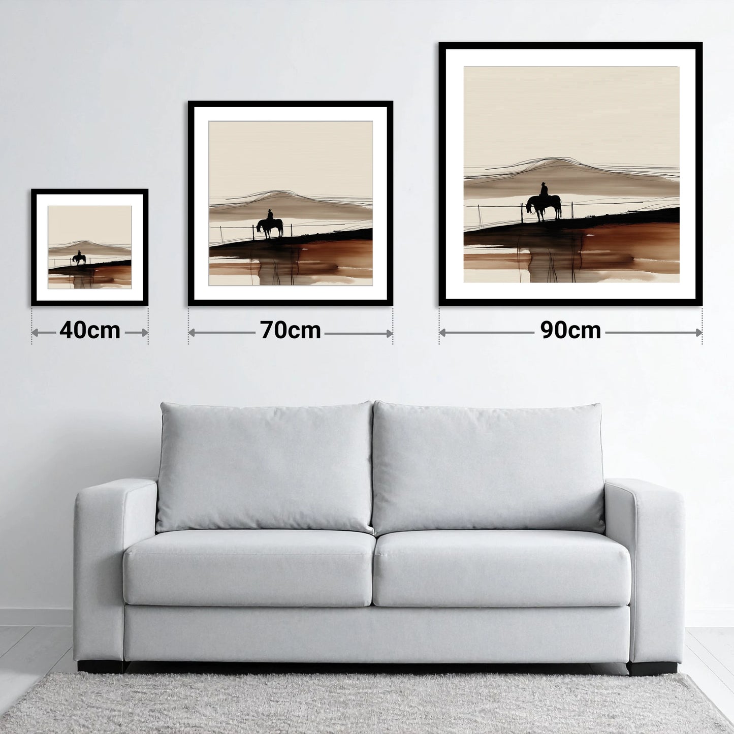 Western Solitude - size guide showing 40cm, 70cm and 90cm art prints