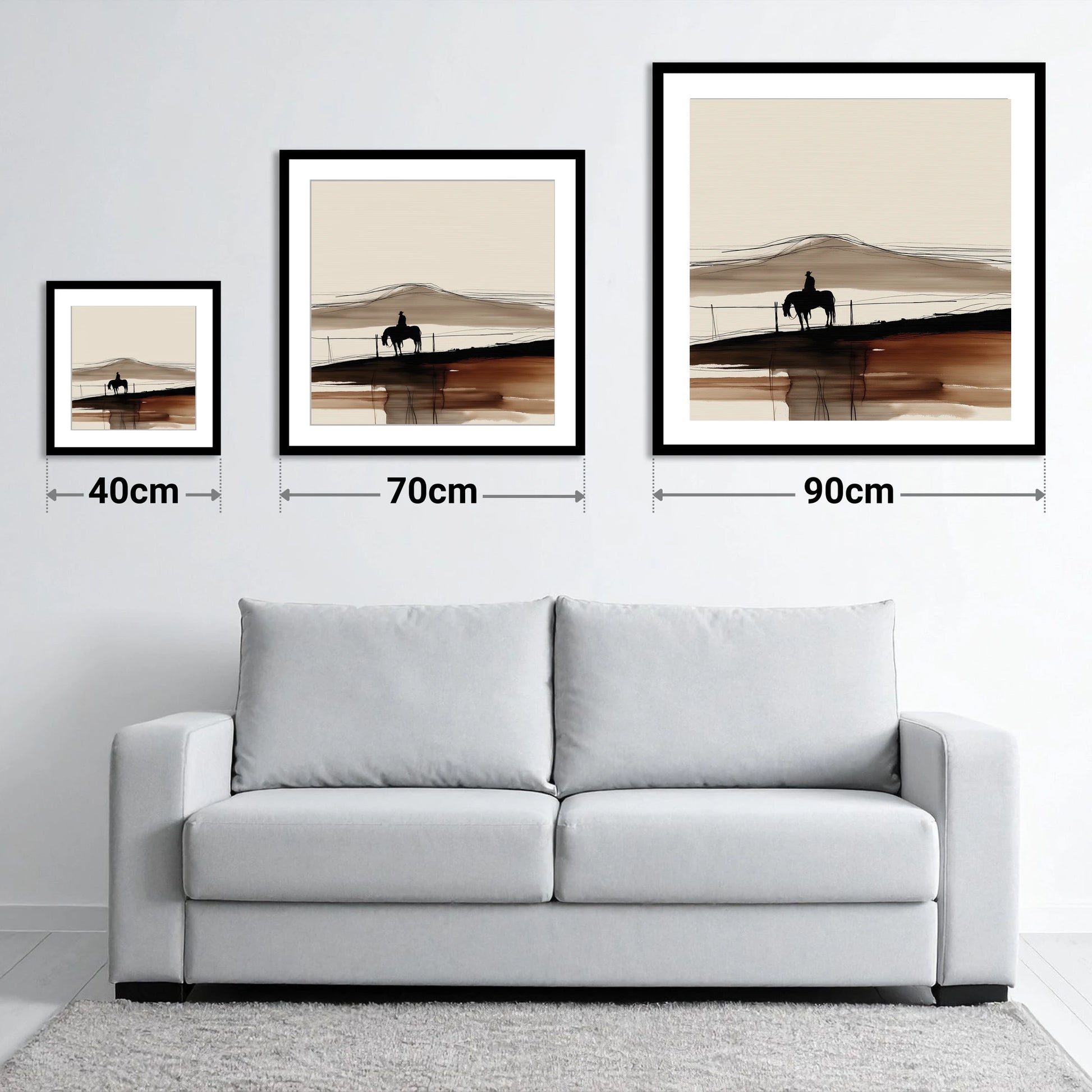 Western Solitude - size guide showing 40cm, 70cm and 90cm art prints