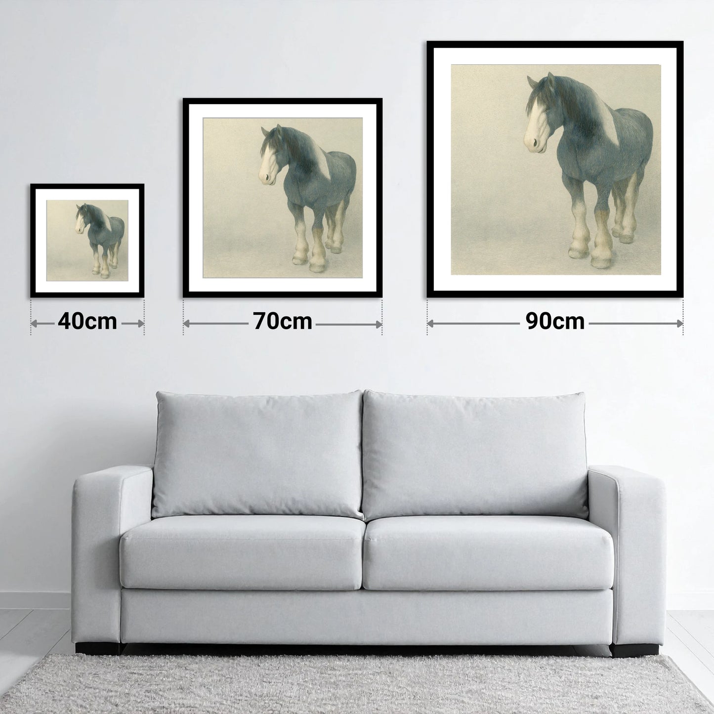 The Slate Blue Shire - size guide showing 40cm, 70cm and 90cm art prints
