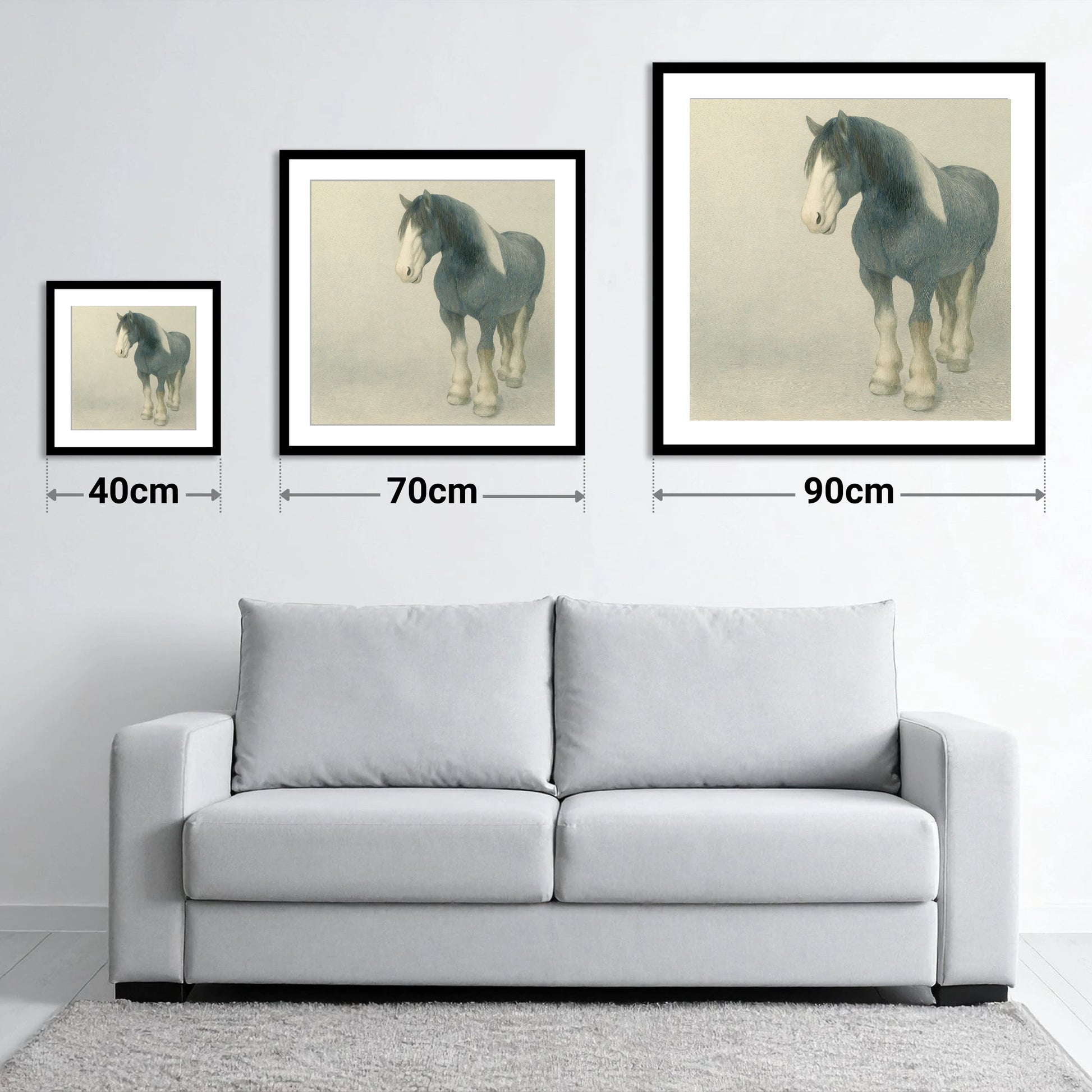 The Slate Blue Shire - size guide showing 40cm, 70cm and 90cm art prints