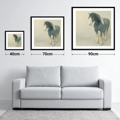 The Slate Blue Shire - size guide showing 40cm, 70cm and 90cm art prints