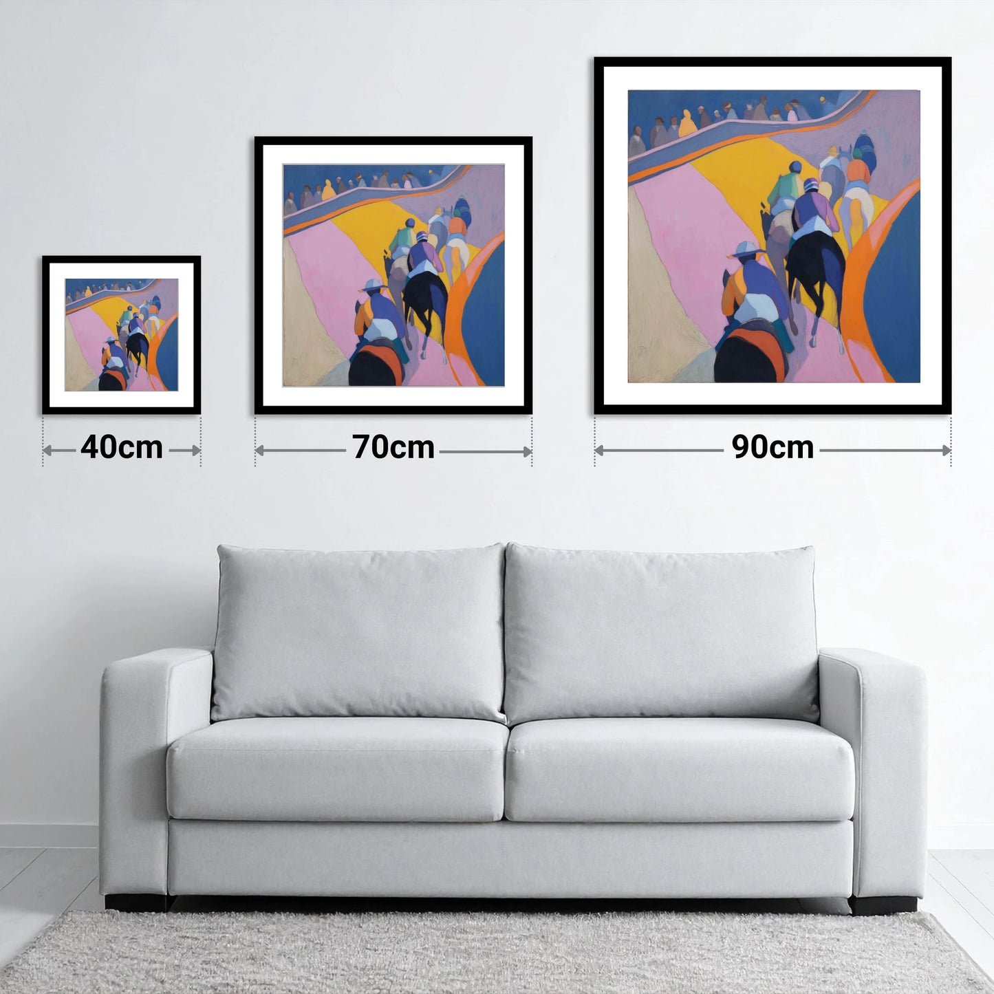 Heading To The Post - size guide showing 40cm, 70cm and 90cm art prints