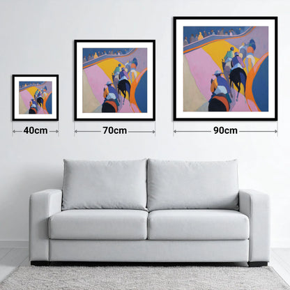 Heading To The Post - size guide showing 40cm, 70cm and 90cm art prints