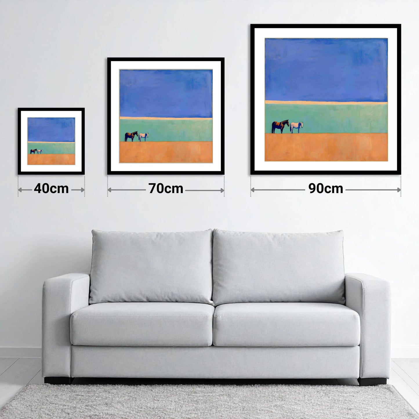 Sunlit Plain - size guide showing 40cm, 70cm and 90cm art prints