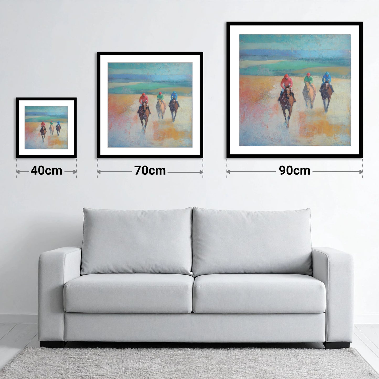 Dawn on the Gallops - size guide showing 40cm, 70cm and 90cm art prints