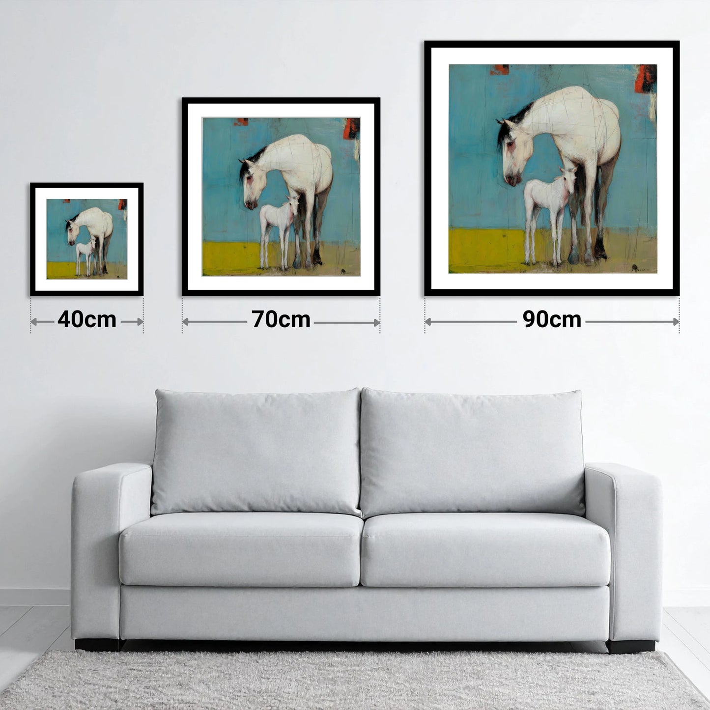 Quiet Bond in Teal - size guide showing 40cm, 70cm and 90cm art prints