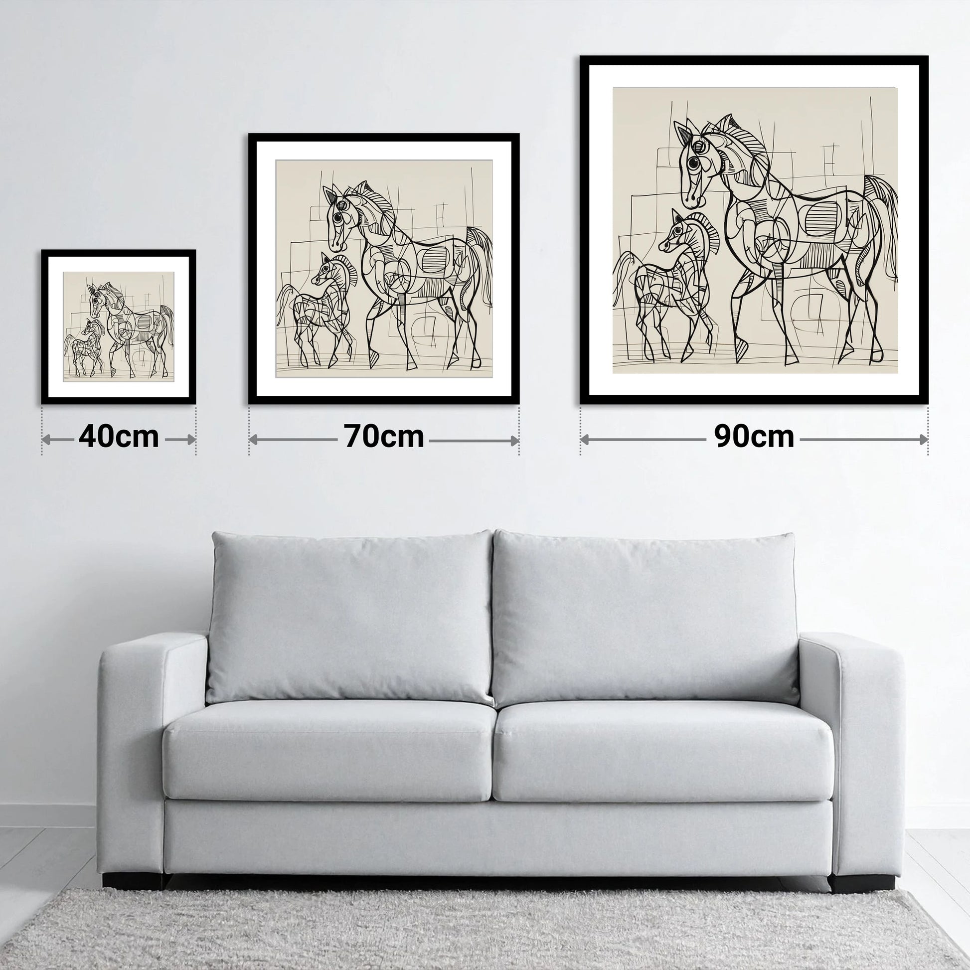 Linear Connection - size guide showing 40cm, 70cm and 90cm art prints