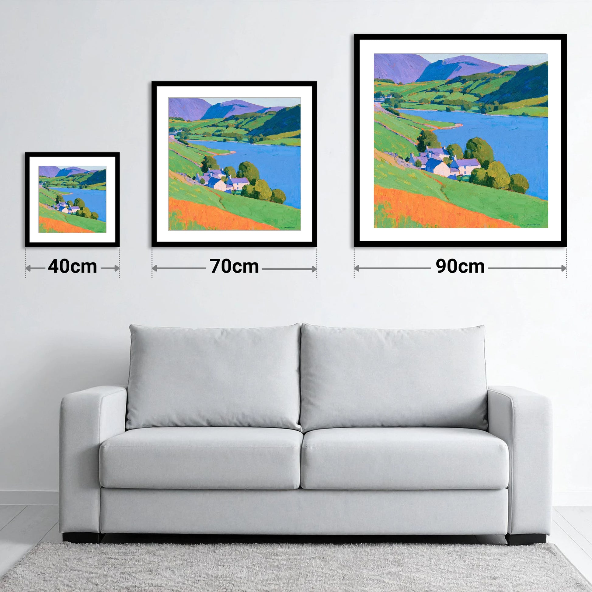 Vibrant Lakeside Valley - size guide showing 40cm, 70cm and 90cm art prints