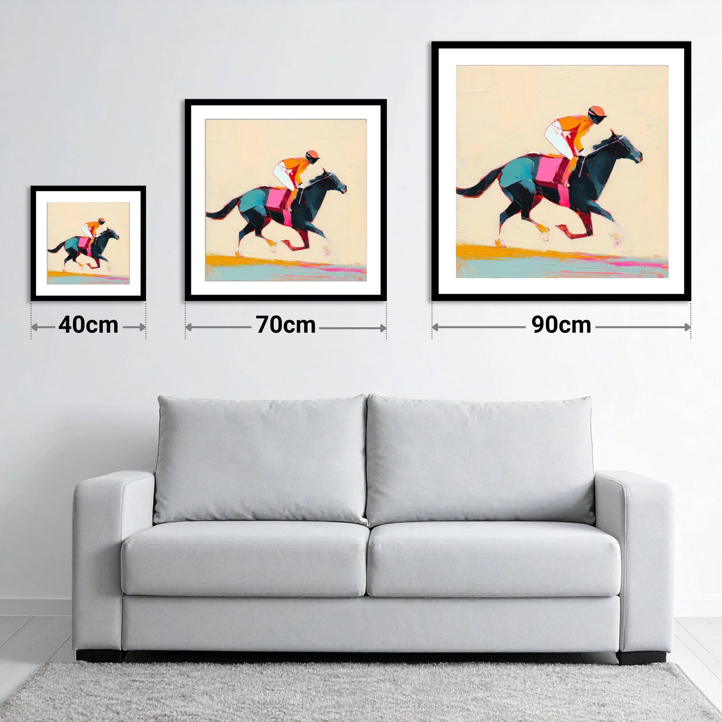 Colour on the Turf - size guide showing 40cm, 70cm and 90cm art prints