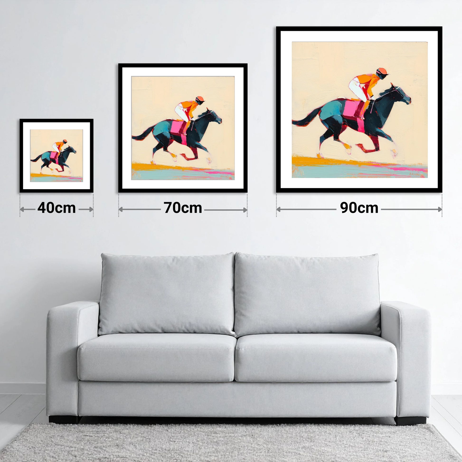 Colour on the Turf - size guide showing 40cm, 70cm and 90cm art prints