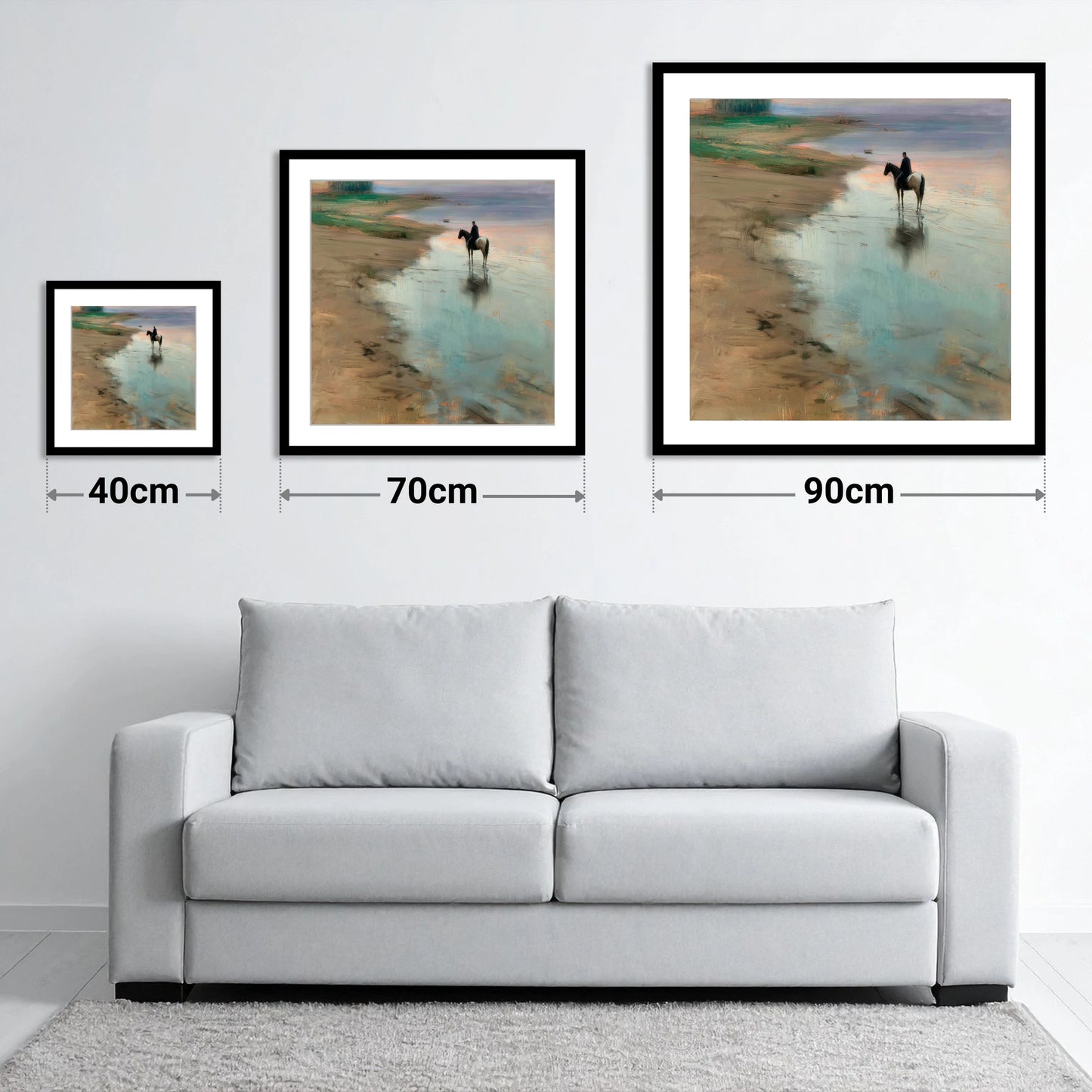 The Quiet Tide - size guide showing 40cm, 70cm and 90cm art prints