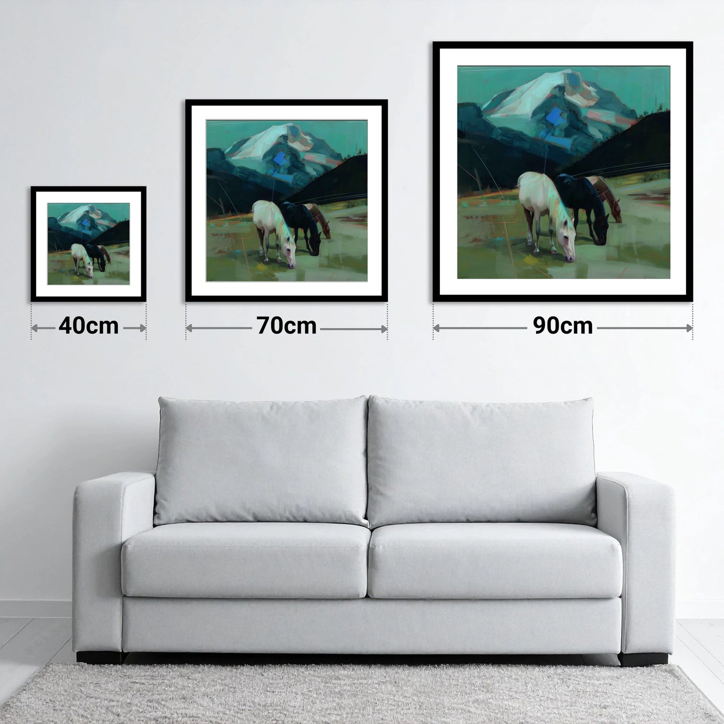 Teal Mountain Pasture - size guide showing 40cm, 70cm and 90cm art prints