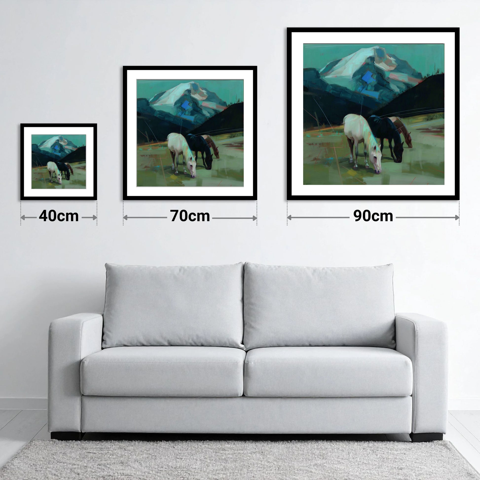 Teal Mountain Pasture - size guide showing 40cm, 70cm and 90cm art prints