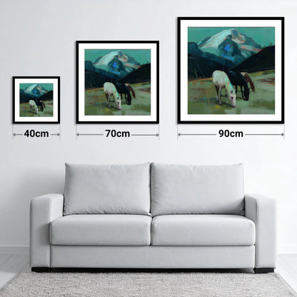 Teal Mountain Pasture - size guide showing 40cm, 70cm and 90cm art prints