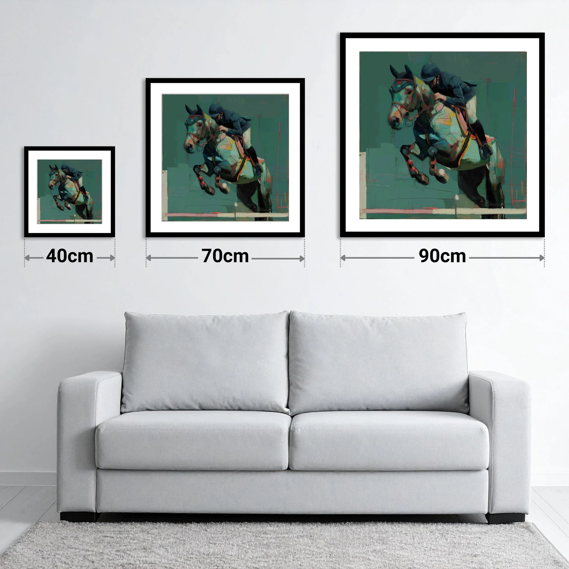 The Perfect Clearance - size guide showing 40cm, 70cm and 90cm art prints