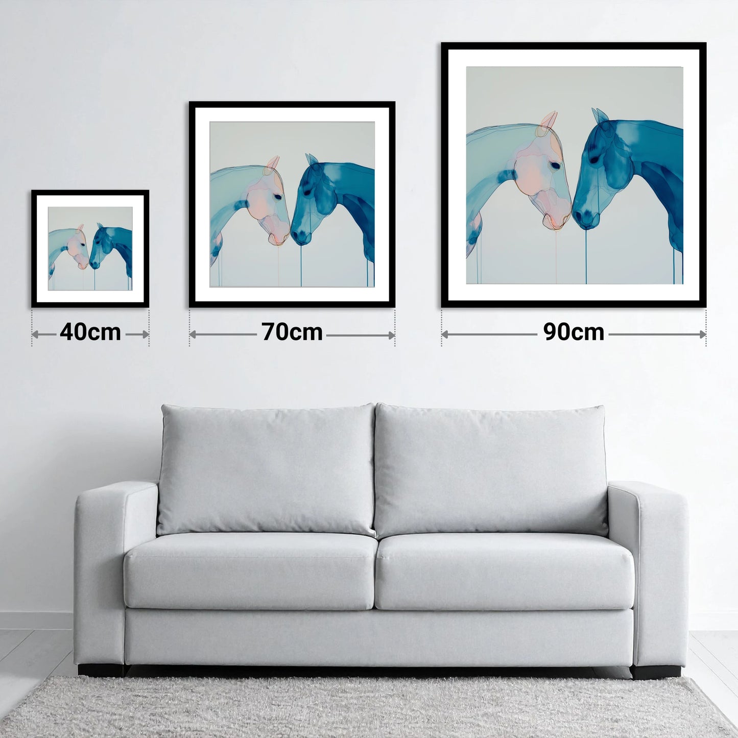 Whispered Blue Greeting - size guide showing 40cm, 70cm and 90cm art prints