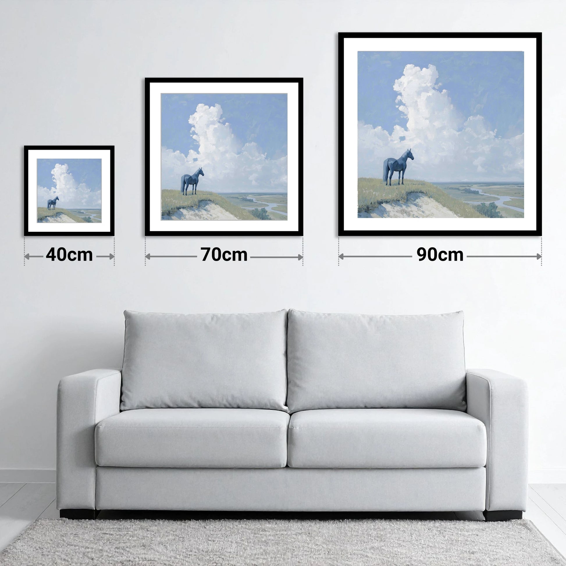 The Quiet Vantage - size guide showing 40cm, 70cm and 90cm art prints