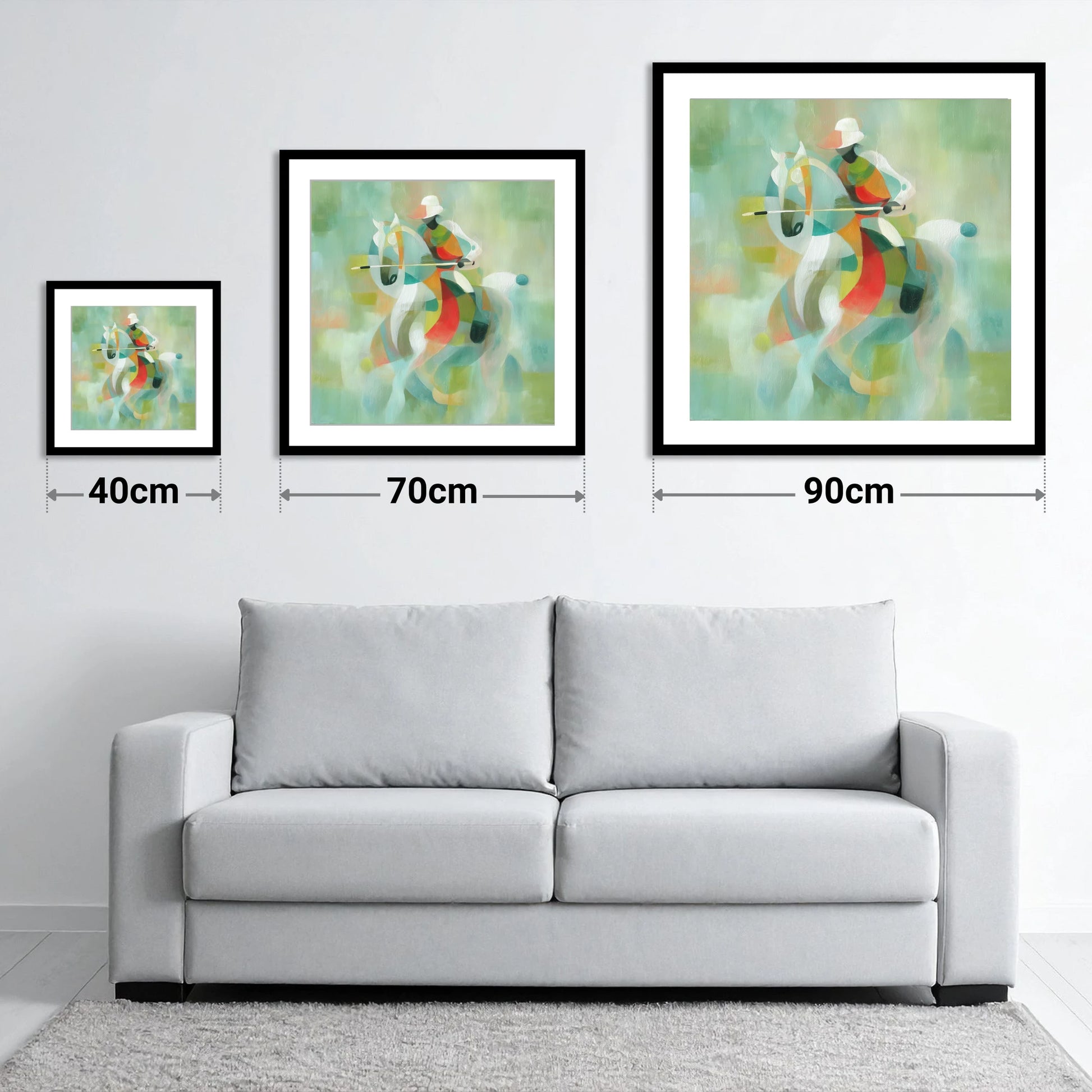 Harmonious Chukka - size guide showing 40cm, 70cm and 90cm art prints