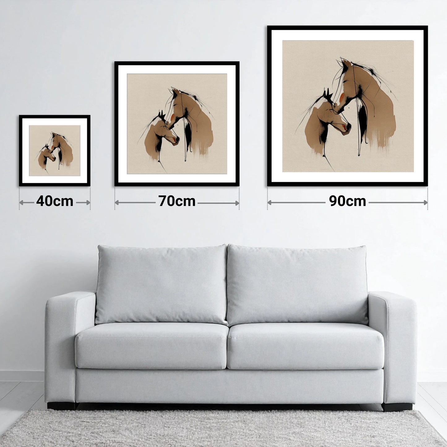 Tender Whispers - size guide showing 40cm, 70cm and 90cm art prints