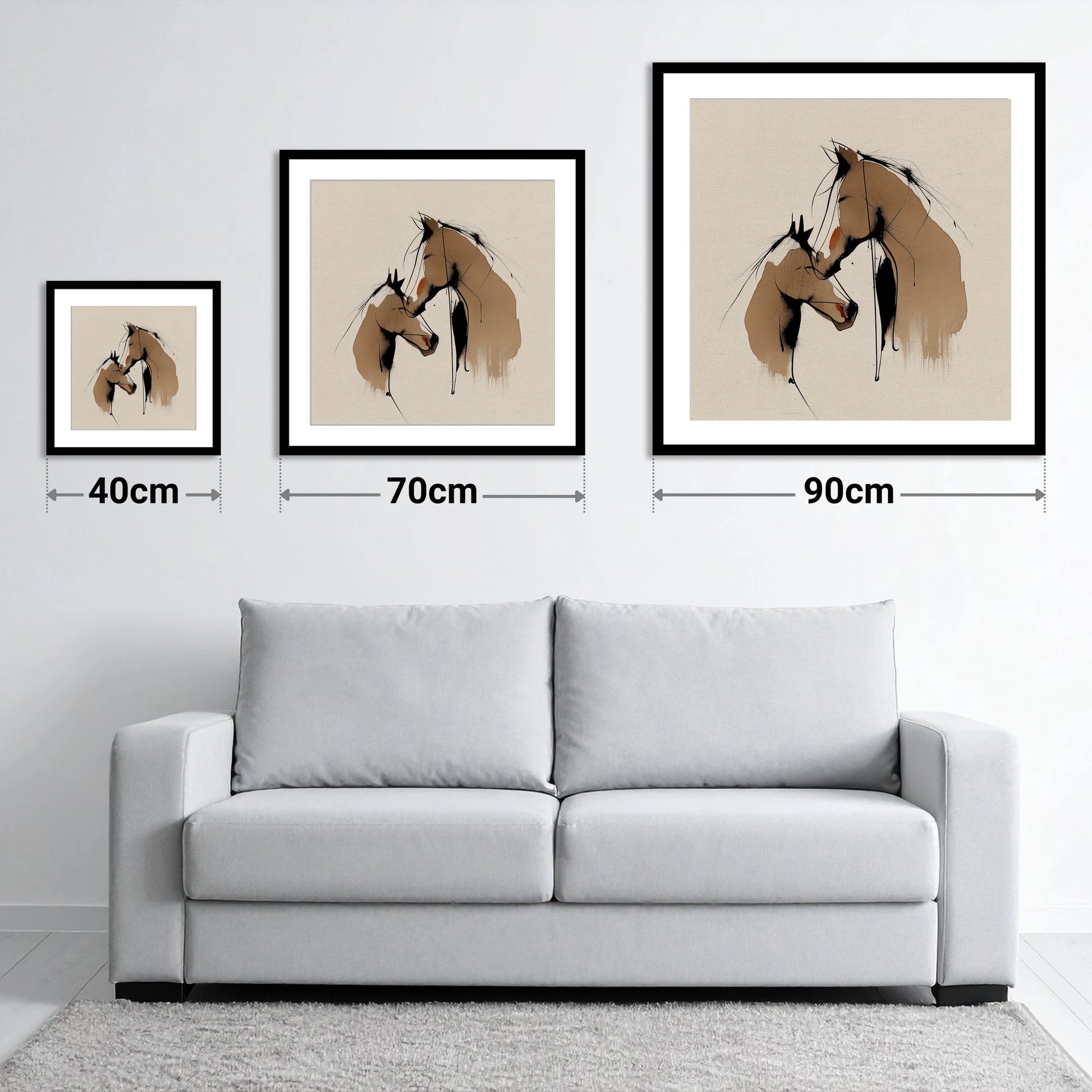 Tender Whispers - size guide showing 40cm, 70cm and 90cm art prints