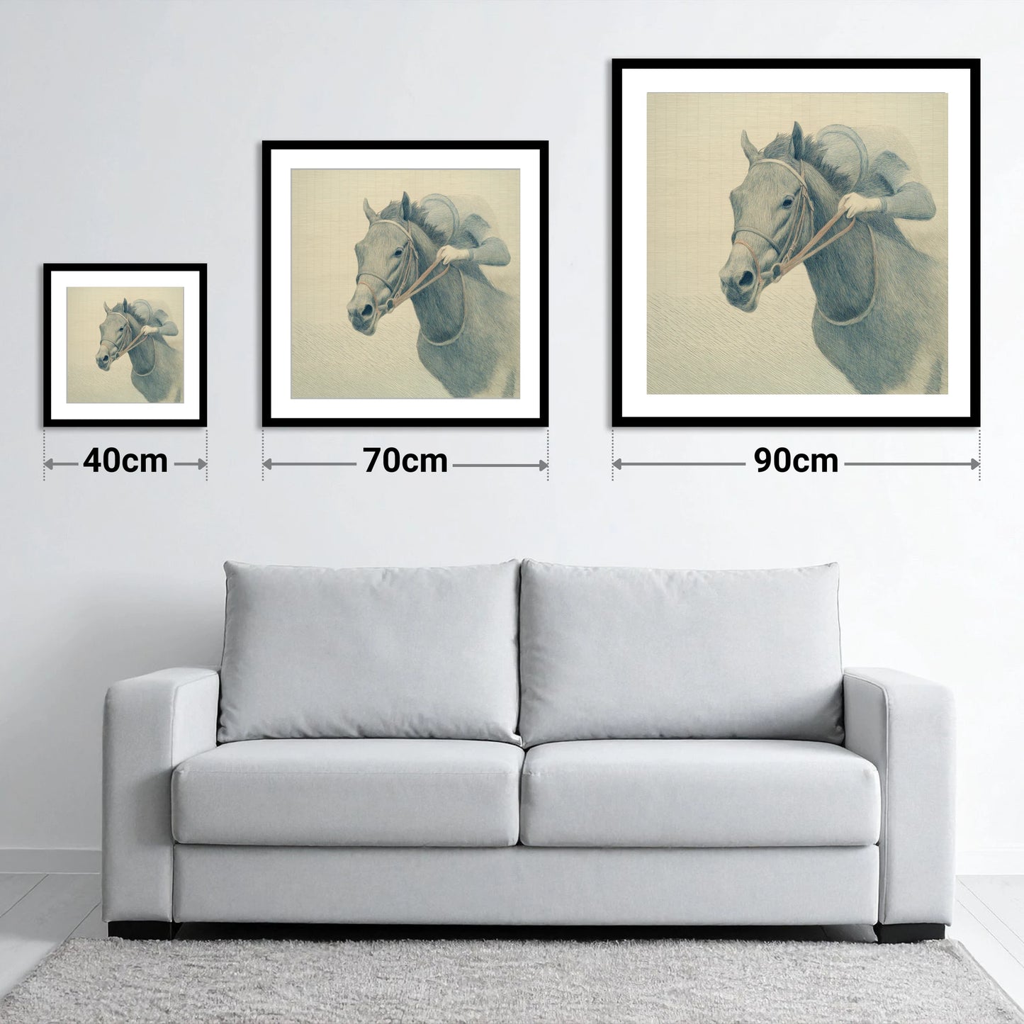 Quiet Precision - size guide showing 40cm, 70cm and 90cm art prints