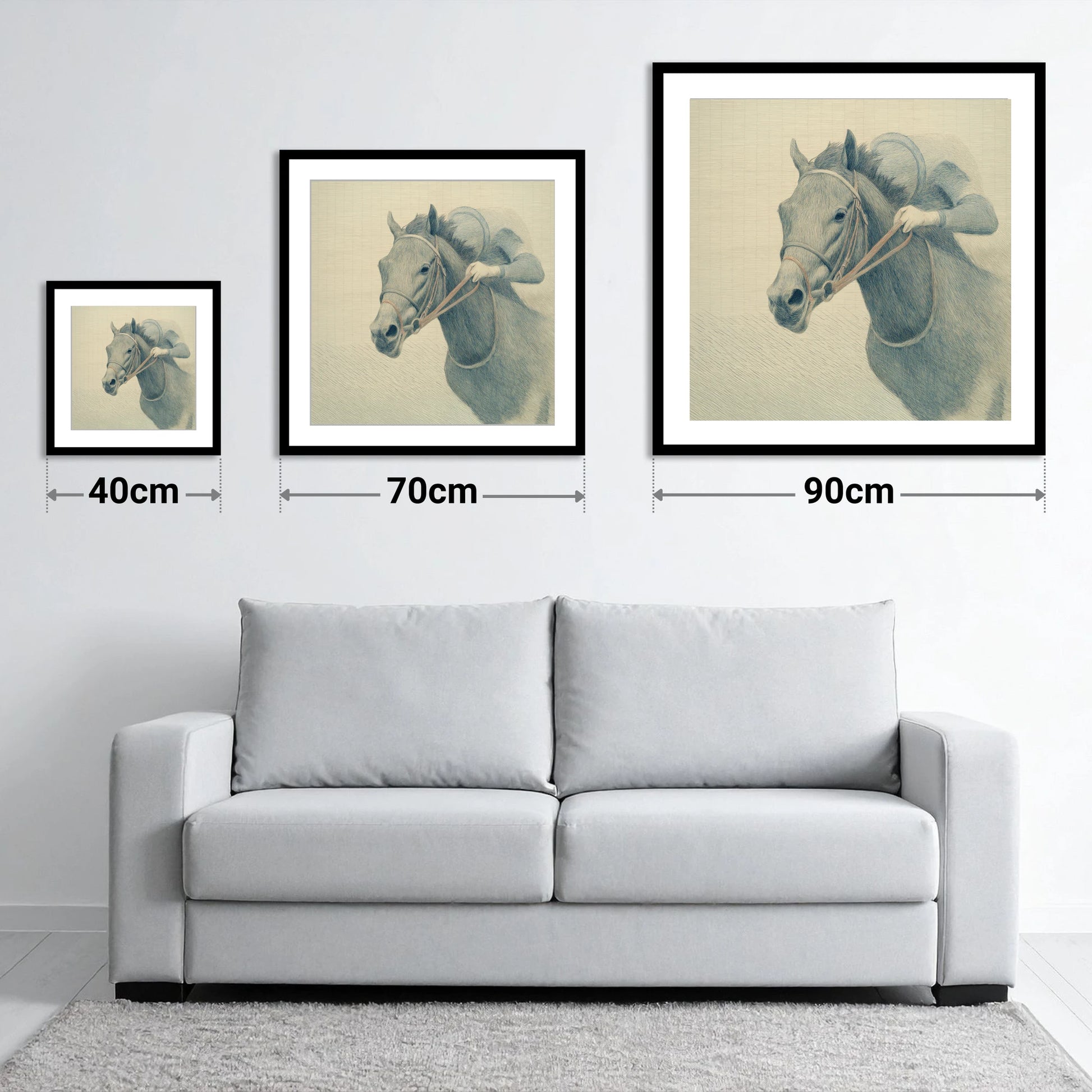 Quiet Precision - size guide showing 40cm, 70cm and 90cm art prints