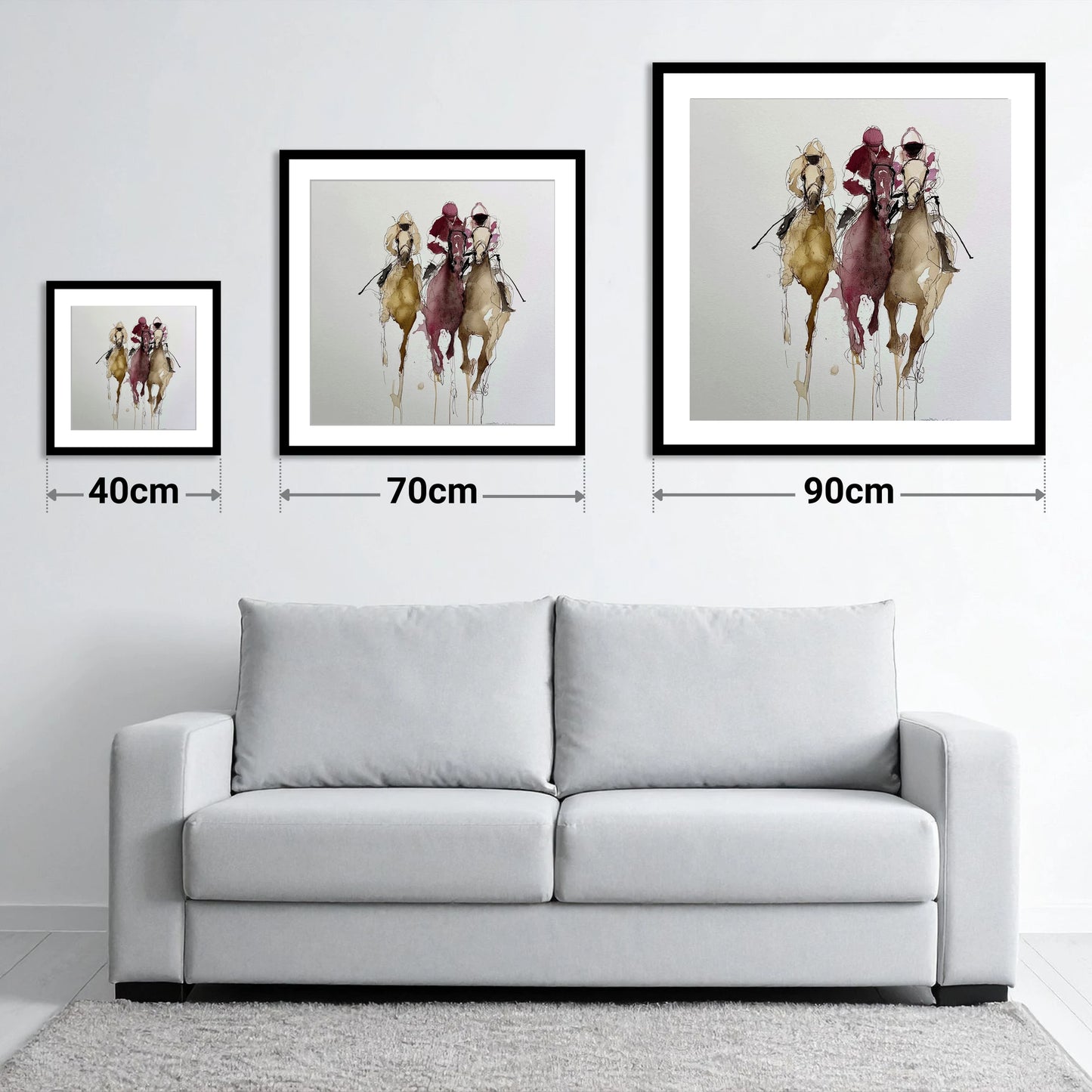 The Final Charge - size guide showing 40cm, 70cm and 90cm art prints