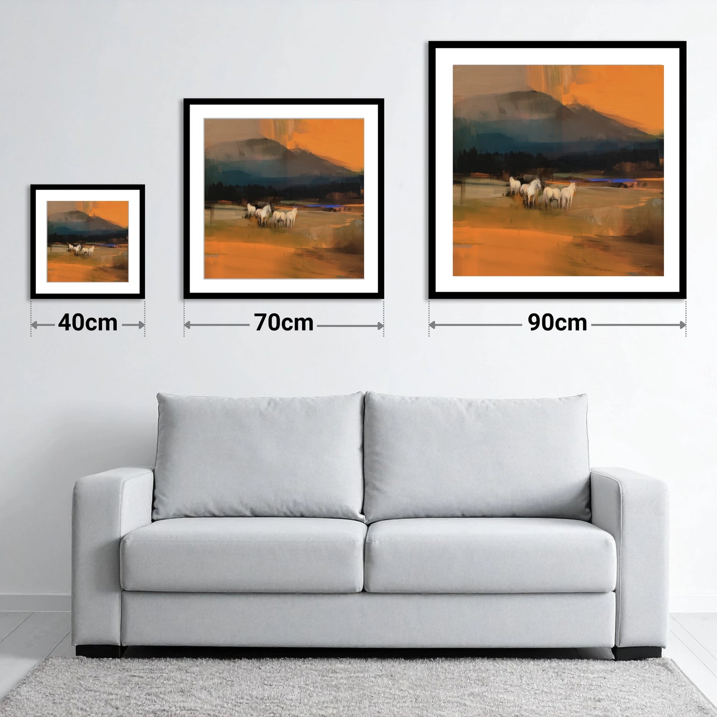 Amber Valley Greys - size guide showing 40cm, 70cm and 90cm art prints