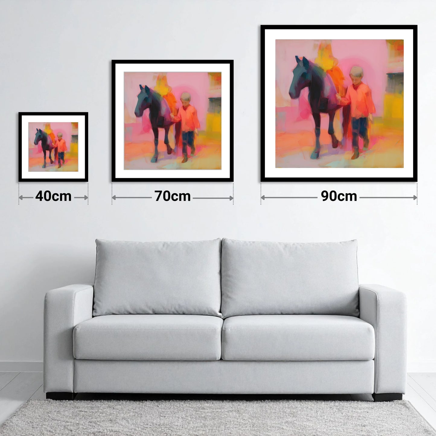 Radiant Companions - size guide showing 40cm, 70cm and 90cm art prints