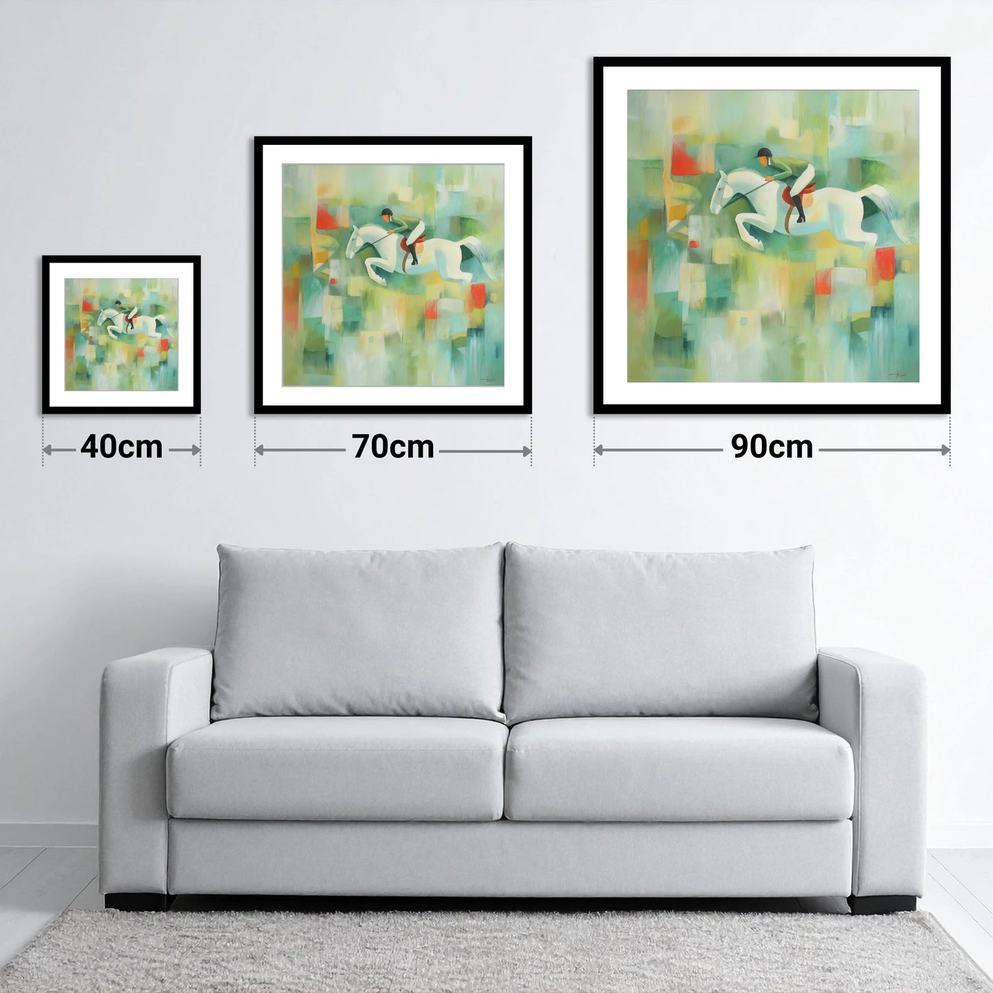 The Modern Leap - size guide showing 40cm, 70cm and 90cm art prints