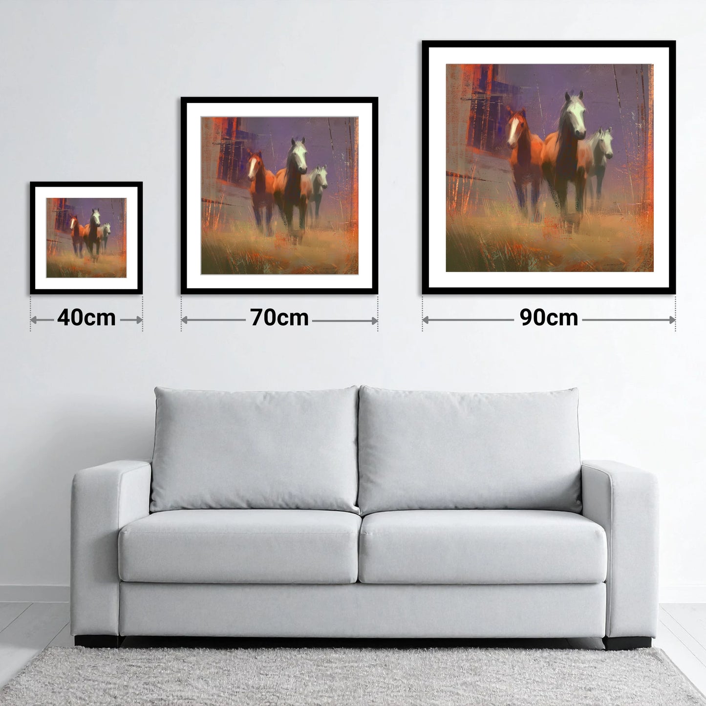 Haze and Embers - size guide showing 40cm, 70cm and 90cm art prints
