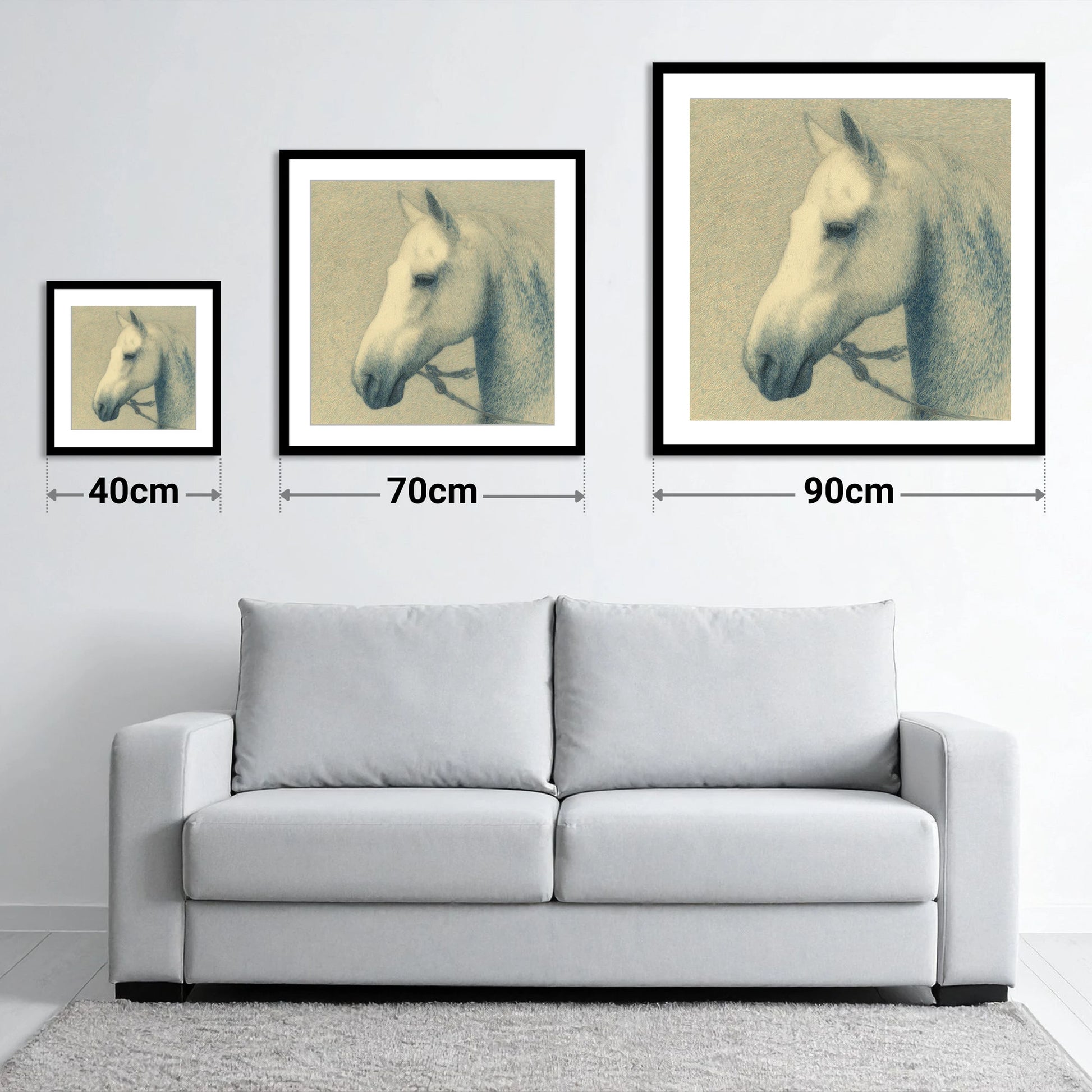 Quiet Nobility In Profile - size guide showing 40cm, 70cm and 90cm art prints