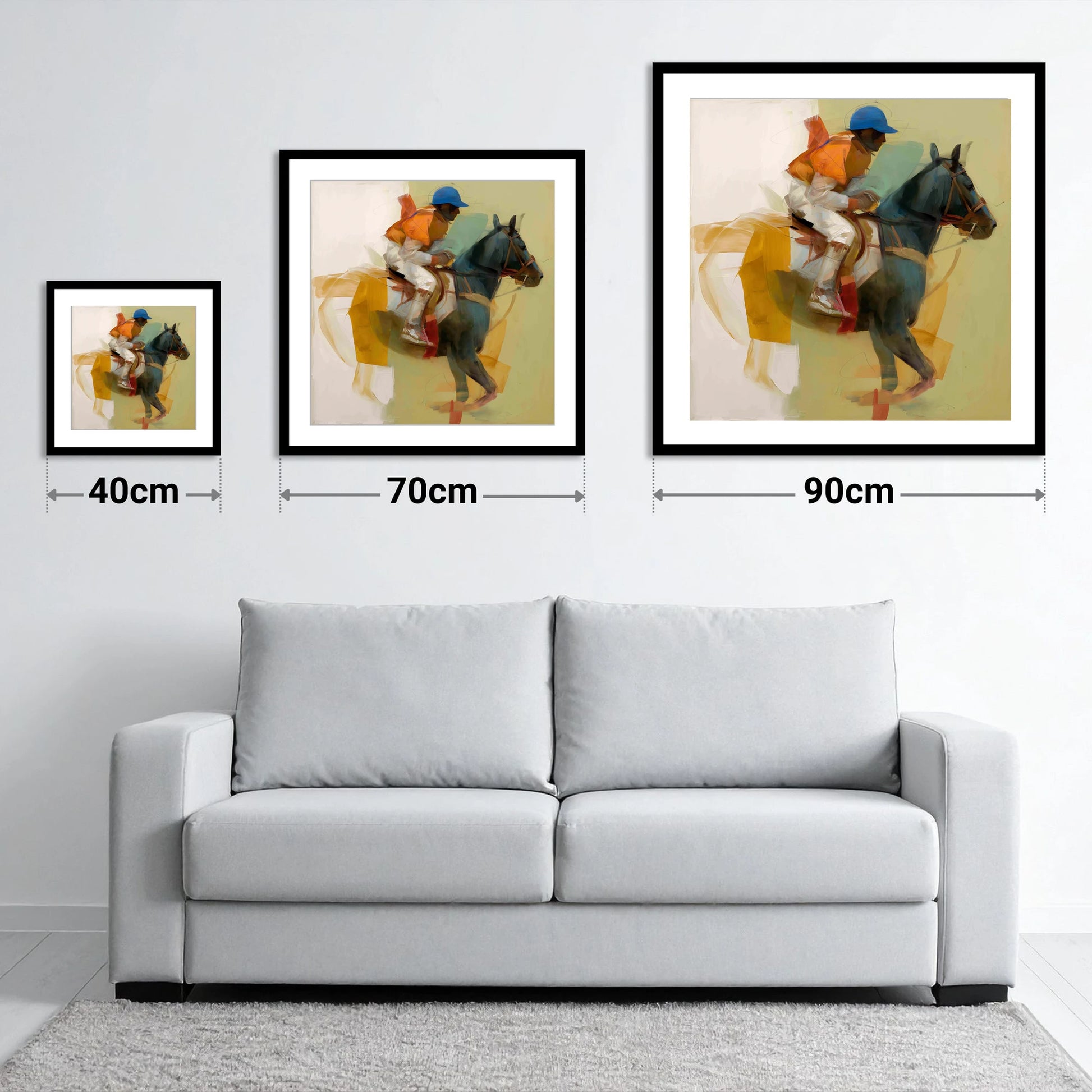 Cerulean and Silk - size guide showing 40cm, 70cm and 90cm art prints