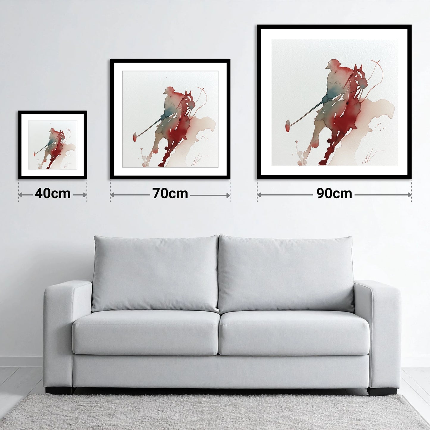 The Crimson Chukka - size guide showing 40cm, 70cm and 90cm art prints
