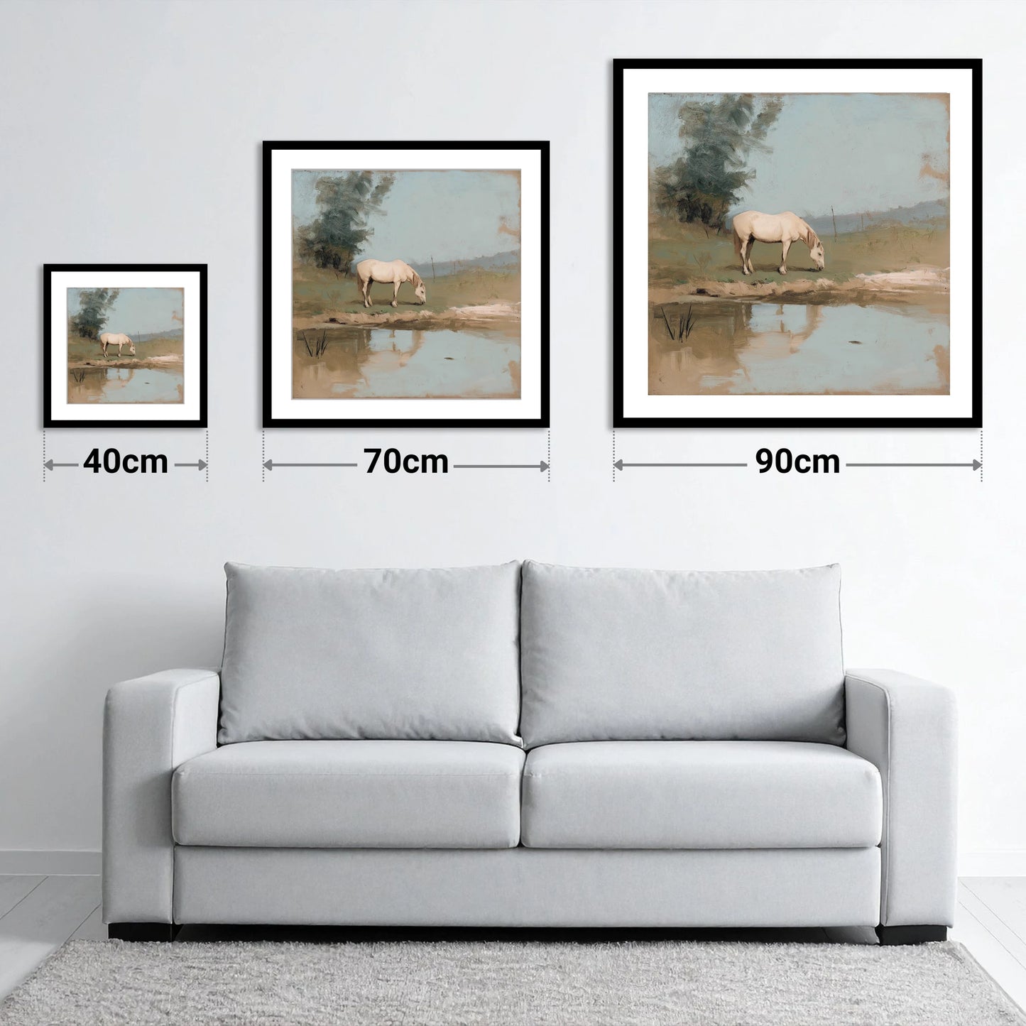Pastoral Reflection - size guide showing 40cm, 70cm and 90cm art prints