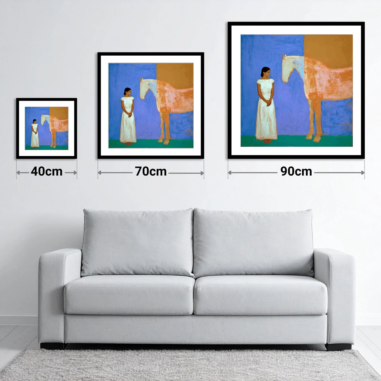 A Silent Understanding - size guide showing 40cm, 70cm and 90cm art prints