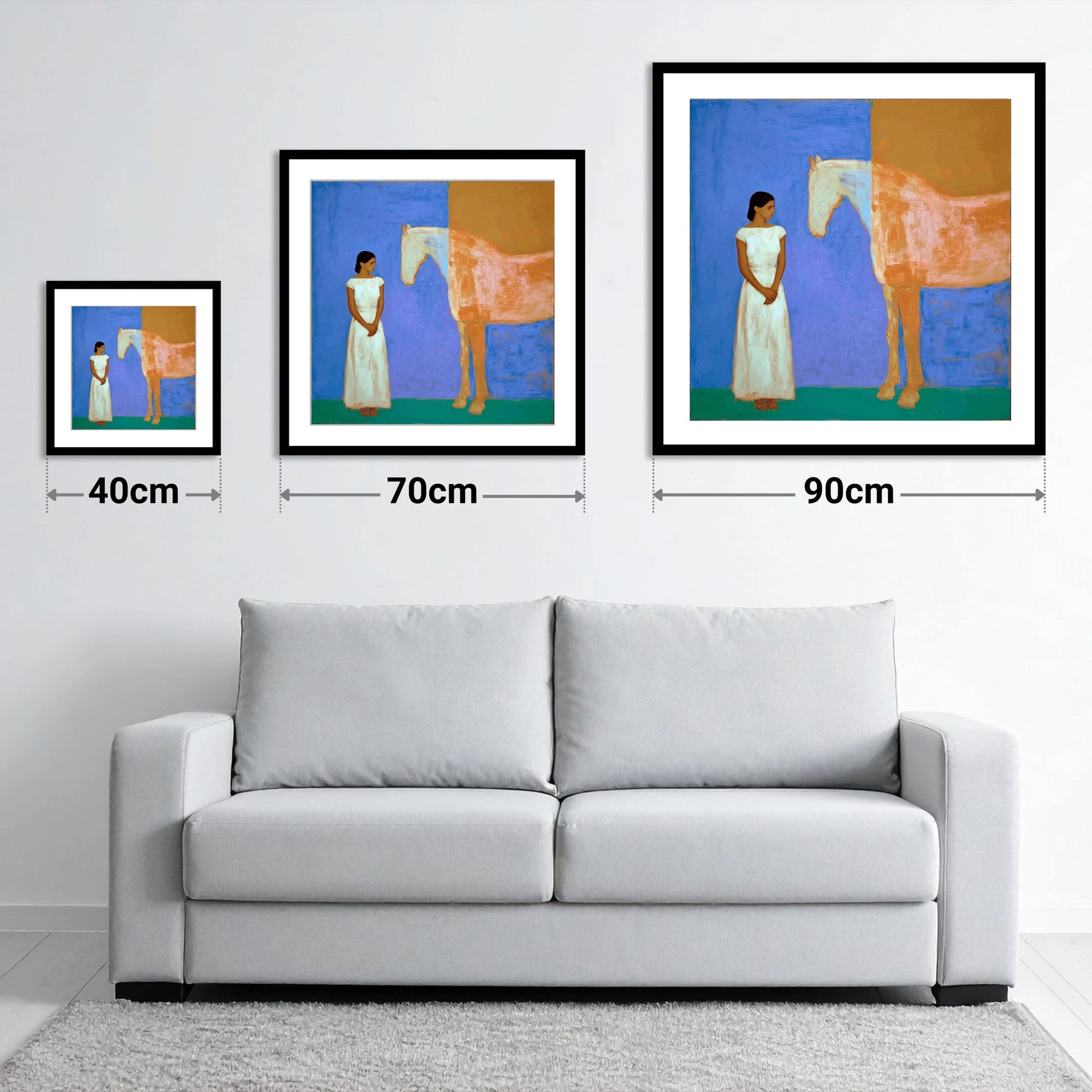 A Silent Understanding - size guide showing 40cm, 70cm and 90cm art prints