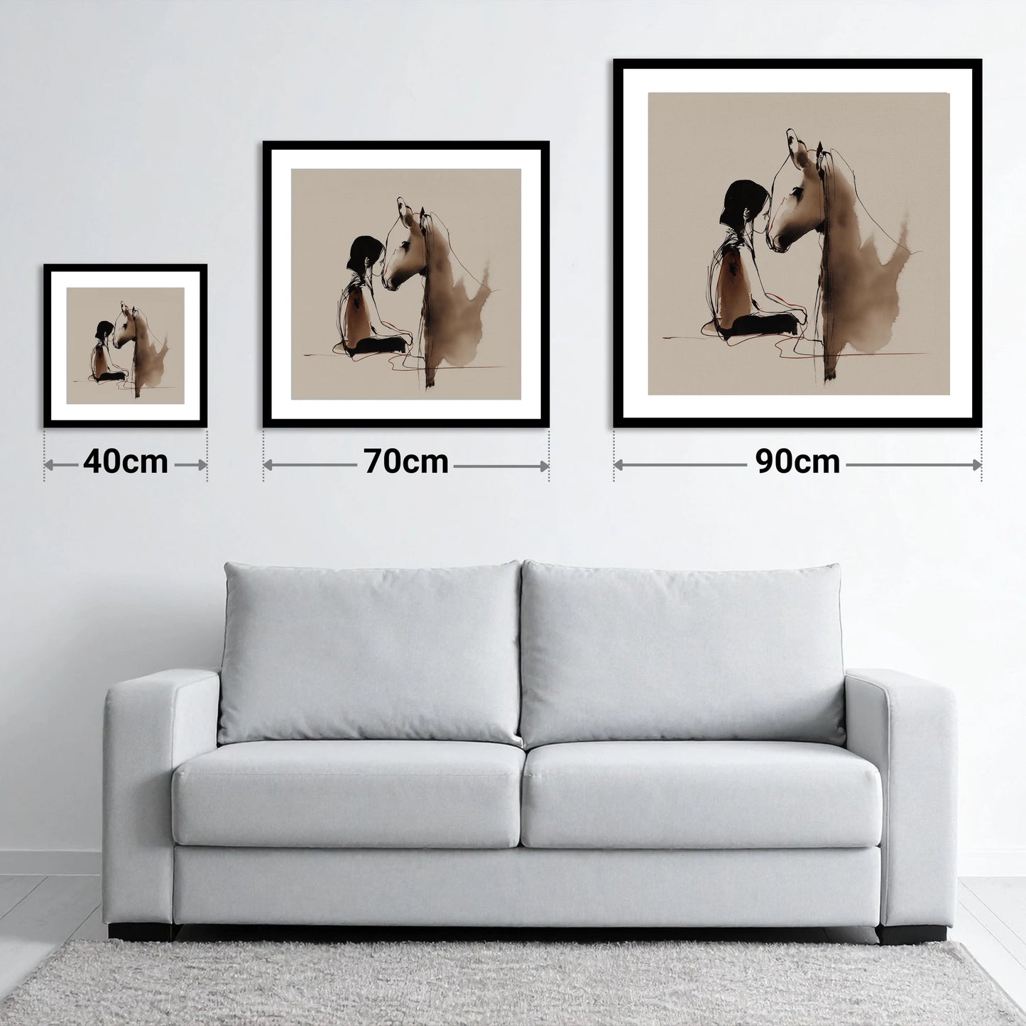 The Shared Breath - size guide showing 40cm, 70cm and 90cm art prints