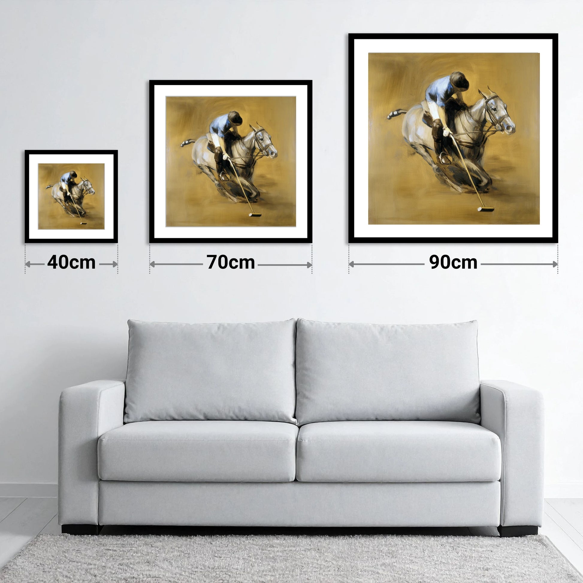 The Decisive Swing - size guide showing 40cm, 70cm and 90cm art prints