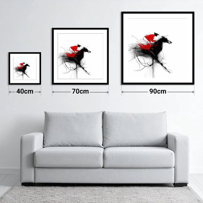 Crimson Sprint - size guide showing 40cm, 70cm and 90cm art prints